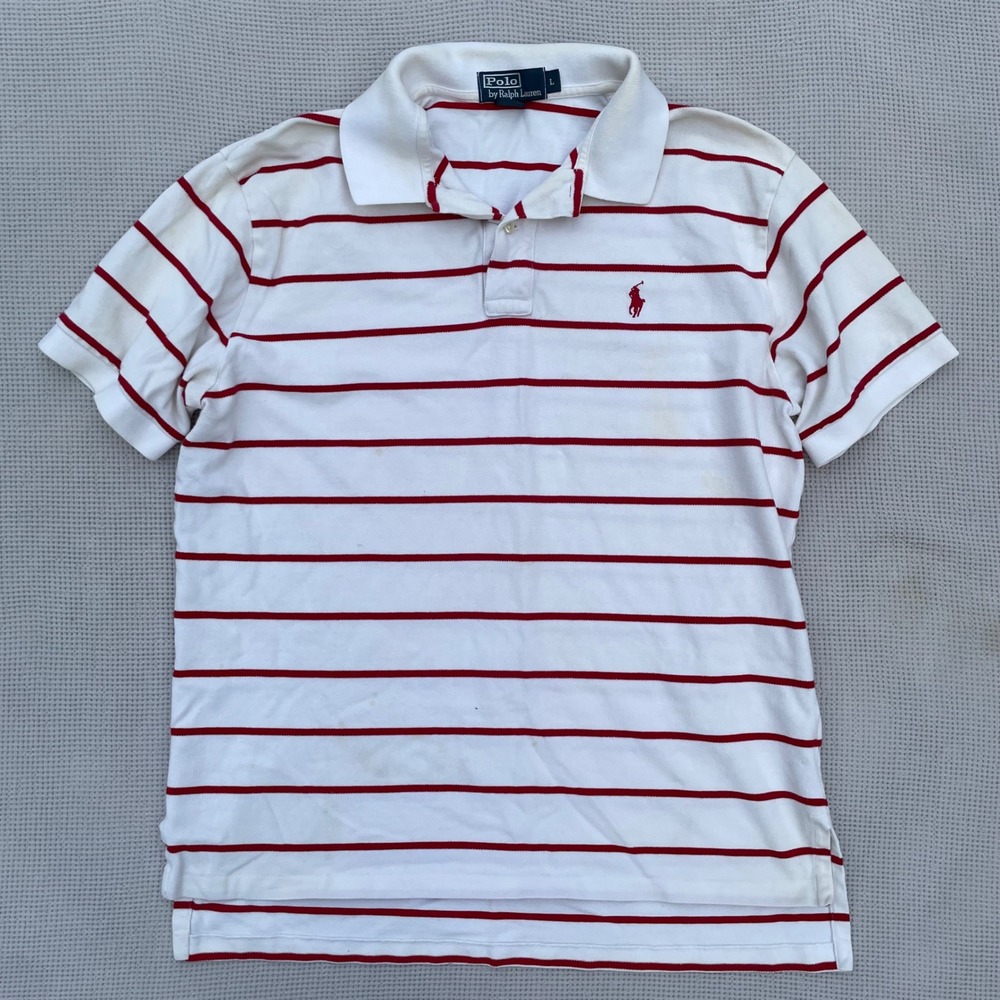 Vintage Polo Ralph Lauren Polo Shirt Mens L White Red Striped Cotton